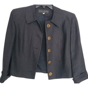 Kelly Graham Black Linen Boxy Crop Blazer Dramatic Leopard Print Buttons SZ:8